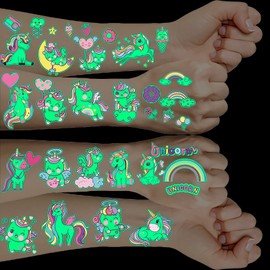 Unicorn Tattoo Children, 10 Sheets Luminous Children's Tattoos Stickers, Skin-Friendly Temporary Tattoos Stickers for Birthday Decorations Unicorn Party Accessories Girls