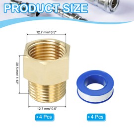 PATIKIL 2 Set Brass Pipe Fitting Hex Bushing with Sealing Tape, 1/2" NPT Male to 1/2" NPT Female Reducer Adapter Pipe Extension Fittings for Tub Spout Shower, Golden