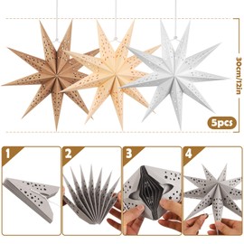 SUNBEAUTY Set of 5 Paper Stars Brown 30 cm Grey Folding Star Christmas Decoration Black 9 Points White Folding Stars Party Decoration for Christmas Decoration Wedding Birthday Table Decoration
