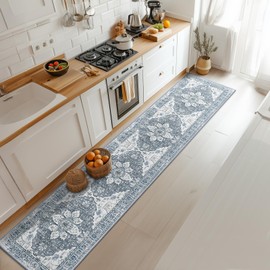 BESTSWEETIE 2x10 Area Rug Washable Rugs for Living Room, No Pile Boho Carpet for Entryway Bedroom Dinning Room, Vintage Carpet Print Distressed Non-Slip, 2 x 10 ft, Blue Grey White