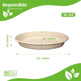 Responsible Products 32 oz Oval Disposable Bowls I Tree-Less™ Compostable Molded Fiber Burrito Bowls I Extra Strength I NO-PFAS I Natural Brown (300 Count)