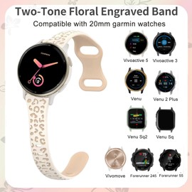 CUNUJIX Leopard Engraved Slim Silicone Watch Bands Compatible with Garmin Vivoactive 6/Vivoactive 5/Vivoactive 3/Venu/Venu Sq, 20mm Cute Thin Soft Strap Wristband for Garmin Forerunner 55/165/245/645