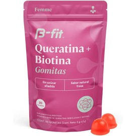 B-FIT Gomitas de Biotina y Queratina con Colágeno 90 Piezas, Sabor Fresa, Inulina, Pectina, Monk Fruit, Sin Azúcar