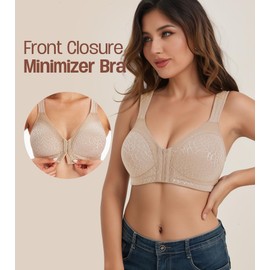HACI Women's Front Closure Full Coverage Back Support Posture Bra Wireless Comfy(Beige,44DDD)