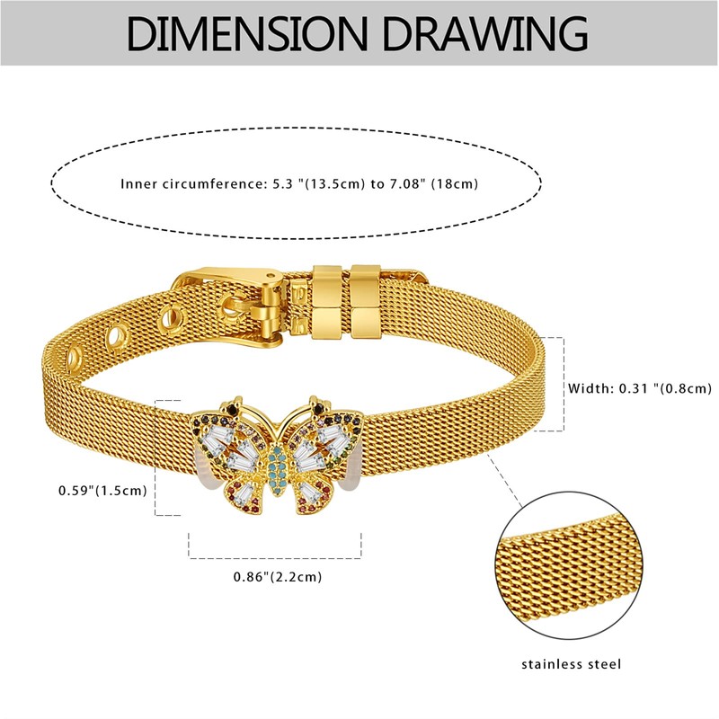 Flongo Mesh Bracelet Women's Bracelet with Zircon Butterfly Adjustable Width