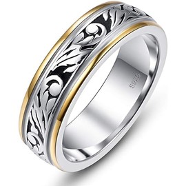 AVECON 925 Sterling Silver Wedding Band Ring for Men Women Unisex Vintage Floral Vine, Silver Gold Two Tone, Size 7