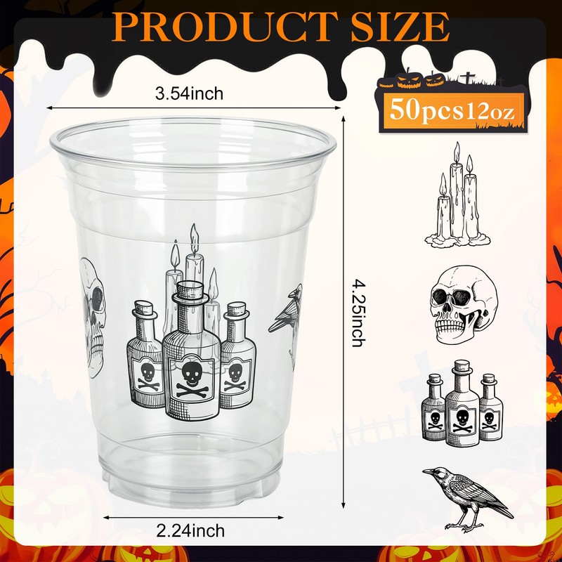 50 Pcs Halloween Disposable Plastic Cups, Spooky 12oz Cold Drink