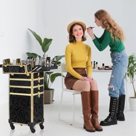 Somduy Rolling Makeup Case, Makeup Train Case with Lid, 5 in 1 Cosmetology Case on Wheels, Christmas Gift, Large Makeup Organizers, Profesional Cosmetic Case for Salon Barber, Pattern Black Gold