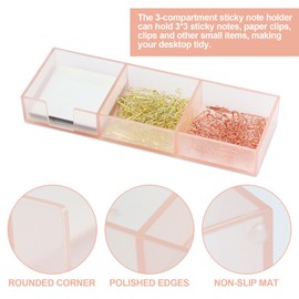 MultiBey Acrylic Sticky Notes Memo Pad Holder 3in1 Dispenser Clear Pink Desk Supplies Organizer Accessories for Office Home Schools with 3 Compartments