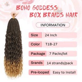 Eeanno Goddess Box Braids Crochet Hair Honey Blonde Boho Hair for Women Pre Looped Crochet Box Braids with Curly Ends (T1B27#, 24 Inch (Pack of 7))