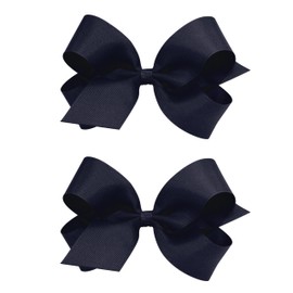 Wee Ones Girls 2 Pack Grosgrain Hair Bows with Plain Wrap Centre on a Wee Stay No Slip Clip, Large, Navy