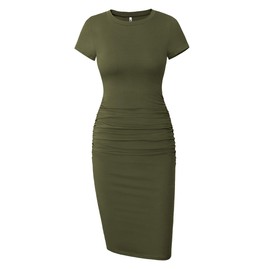 Missufe Women's Ruched Casual Sundress Knee Length Bodycon Sheath Dress (Army Green, X-Large)