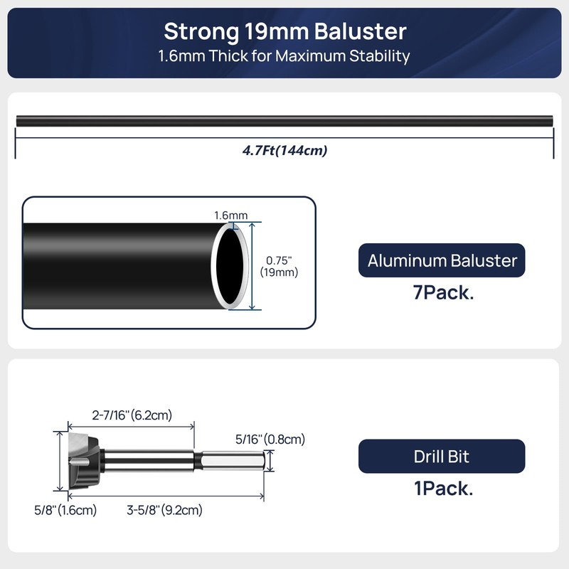 7 Pack 4.7 FT x 3/4 inch Aluminum Deck Balusters