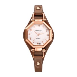 JewelryWe Ladies Vintage Leather Watch: Women's 1940's Octagonal Brown Bracelet PU Strap Waterproof Analog Quartz Arabic Numerals Elegant Wrist Watch