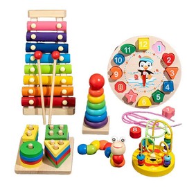 1 Set Wooden Montessori Toy, Colorful Stacking Blocks Towers & Eight-tone Glockenspiel & Colorful Twister & Twirls Tree & Beaded Clock, Teaching Supplies, Birthday Gift,Christmas Gift:_Pure White_7 in 1