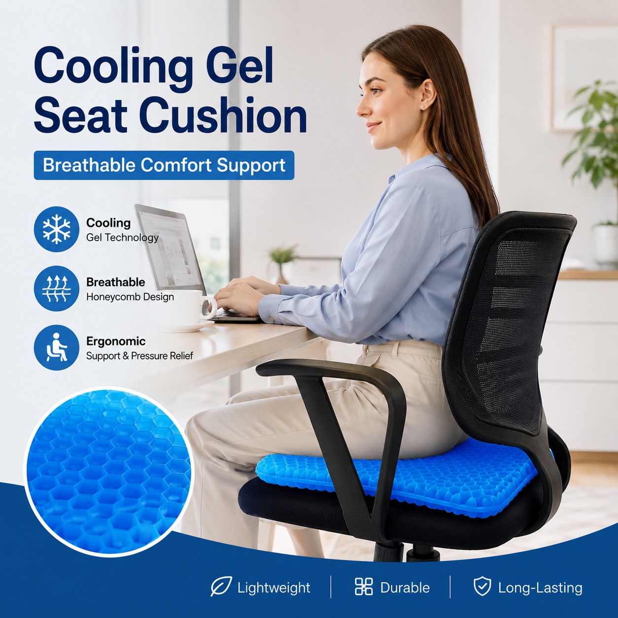 Gel Seat Cushion for Chair Comfort – Breathable Honeycomb Cooling Pad for Office Car Home Use
