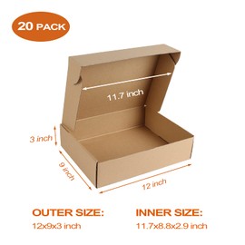 PHAREGE 12x9x3 inch Shipping Boxes 20 Pack, Brown Cardboard Shirt Gift Boxes with Lids for Wrapping Giving Women Men Presents, Corrugated Mailer Boxes for Packaging Mailing Small Business