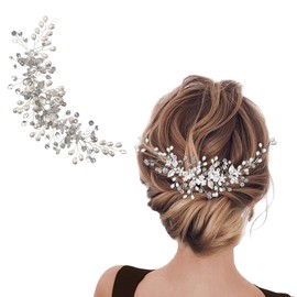 Flower Bride Wedding Hair Vine, Silver Pearl Rhinestone Hair Accessories, Bridesmaid Hair Clip Tiara, Crystal Headpieces Bridal Prom Headband for Women Girls Hair Piece