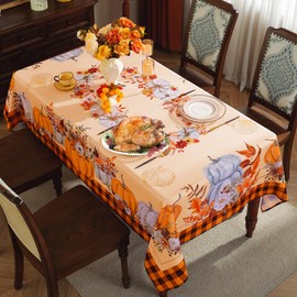 SASTYBALE Thanksgiving Tablecloths for Rectangle Tables 60 x 84 Inch Pumpkins Tablecloth with Checkered, Vintage Farmhouse Spill-Proof Fabric Table Covers for Autumn Harvest & Fall Decor, Orange