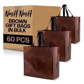 Nush Nush Chocolate Gift Bags Large Size – Set of 60 Reusable Shiny Brown Gift Bags With Handles- Metallic Party Favors Bags In Bulk For Small Business Use In Gifting Events, Birthdays - 13Wx5Dx11H