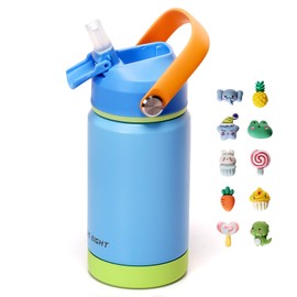 pluseight Kids Insulated Water Bottle with Straw Lid, 350ml BPA-Free Double Wall Vacuum Tumbler 18/8 Stainless Steel Leak Proof Kids Cups with Straw for School Travel Boys Girls (Blue)