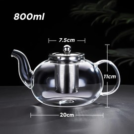 Tetera de Vidrio para Estufa, Teteras con Acero Inoxidable Infusor y Tapa de Vidrio, Tetera de Cristal para Té Floreciente Té de Hojas Suelta y Café Apta para Estufa y Placas de Inducción (800ml)