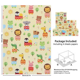 Zoo Wrapping Paper for Kids Boys Girls,Yellow Grid Animal Gift Wrap Paper Elephant Giraffe Koala Penguin Lion Rabbit Birthday Wrapper Paper for Baby Showers Christmas Party Gift Wrap,28 * 20 Inch