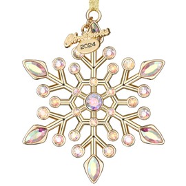 Venhoo Christmas Snowflake Ornaments 2024 Decorations Metallic Hanging Rhinestones Glitter Snow Flake Christmas Tree Decorations Indoor for Winter Home Window Room Door-Gold