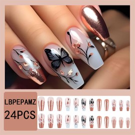 LBPEPAMZ 24Pcs Black Butterfly Press on Nails Medium Square Fake Nails with Flower Design White Gradient Rose Gold Glitter French Tips False Nails Gold Bling Full Cover Glossy Stick on Nails for Women