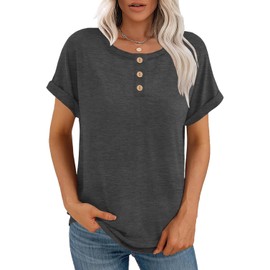 APOFER Women's Casual Short Sleeve T-Shirts Summer Basic Crew Neck Loose Fit Henley Shirts Dark Gray