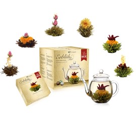 Creano Teeblumen Mix - goldenes Geschenkset Erblühtee mit Glas Teekanne weißer, grüner & schwarzer Tee in 6 Sorten Geschenk für Frauen 7 teilig