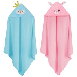 Aolso Hooded Towel Baby, 2 Pieces Baby Towel Hooded Towel, Bath Poncho for Babies and Toddlers from 0-6 Years, Poncho Made of Coral Fleece, Blue Penguin - Pink Rabbit