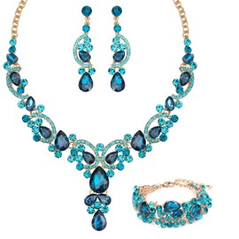 Women's Elegant Rhinestone Teardrop Crystal Bridal Art Deco Necklace Earrings Bracelet Jewelry Set for Bride Wedding Dress Accessories Rhinestone (lake blue crystal-gold tone)