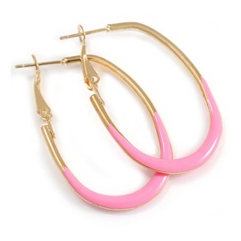 40mm Tall/Gold Tone with Pink Enamel Oval Hoop Earrings/Medium Size