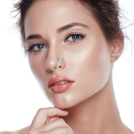 Wendalern Crystal Heart Nose Ring Silver Fake Septum Nose Rings Copper Inlaid Zircon Nose Cuff Tiny U-shaped Clip On Nose Ring Flexible Non-Piercing Nose Jewellery for Women