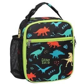 Bagseri Insulated Lunch Bag for Kids - Cute Cool Bag for Boys with Bottle Holder, Leakproof Lunch Box Waterproof Lunch Bag for Picnic Schools Black Dinosaur
