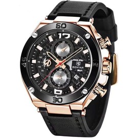 BENYAR Mens Watches Chronograph Date   Watches Leather Strap Business Wrist Watches - Color: gold