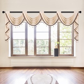 ELKCA Beige Chenille Waterfall Valance for Living Room,4 Hollow Swag Valance for Bedroom Kitchen Curtains, Rod Pocket, 1 Panel