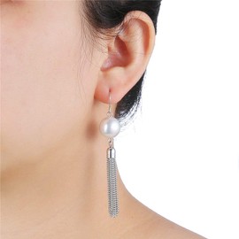 Long Tassel Pendant Necklaces For Women - Faux Pearl Necklace with Silver Chain, Fashion Jewelry For Lady(White Necklace+Earrings)