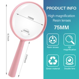 Feosky Handheld Reading Magnifier, 10X 30X Magnifier, 75mm Shatterproof Lens, Rubbery with Non-Slip Soft Handle for Seniors Reading and Kids Nature Exploration, Insect and Hobby Observation (All Pink