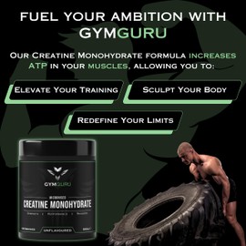 Gym Guru® Creatine Monohydrate Powder, Unflavoured, Micronized | 500g | Boost Muscle Growth, Strength & Recovery | Easily Dissolves, No Flavour | Enhance Performance & Lean Mass On Creatine | Vegan