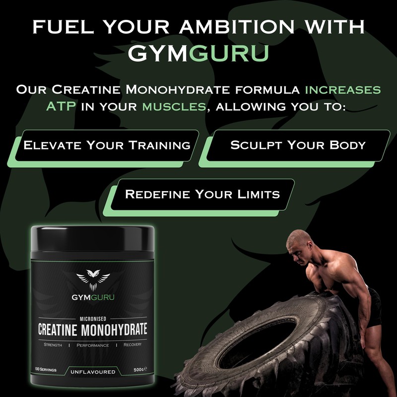 Gym Guru® Creatine Monohydrate Powder, Unflavoured, Micronized | 500g |