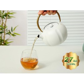 VICSKY Small Pumpkin Cast Iron Teapot (White), Japanese Cast Iron Tea Kettle Stovetop Safe with Stainless Steel Infuser,Small Iron Teapot for Loose Tea, 1-2 People (27oz/800ml)