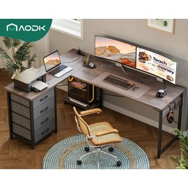 AODK L Shaped Desk with 4 Tier Drawers, 61" Reversible Gaming Desk with Power Outlets, L Shaped Computer Desk with USB Charging Port and Host Stand, Home Office Corner Desk, Easy to Assemble, Grey Oak