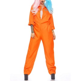 Felcia Carnival Prison Costumes Letter Print Long Sleeve Prison Jumpsuit for Adults Toddlers Carnival Cosplay Outfits, Women Orange, S