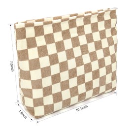 WOVOWOVO - Bolsa de maquillaje para mujer, bolsa de cosméticos de pana de gran capacidad, estilo clásico, para viaje, organizador de almacenamiento, Caqui a cuadros
