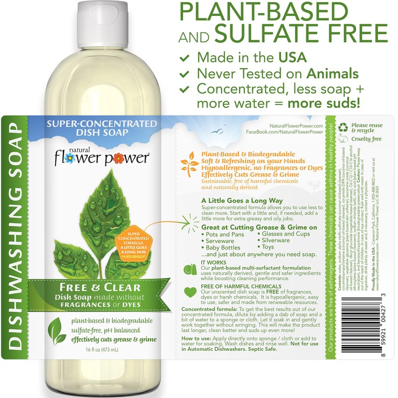 Natural Flower Power Liquid Dish Soap – Free & Clear