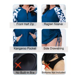 Halcurt Women's Plus Size Rash Guards Adjustable Drawstring Ruched Peacock Blue Swimwear 1X