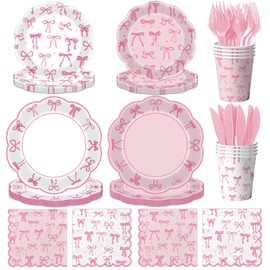 GREHUMOR Pink Bow Party Decoration Serve 25,Coquette Birthday Plates and Napkins Party Supplies for Girl,Bachelorette Bridal Engagement Baby Shower Disposable Tableware for Bow Cute Theme Party Decor