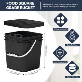 Mumufy 5 Pcs 3.5 Gallon Square Food Grade Bucket with Lid Square Bucket Pail with Plastic Handles for Storing Dry Food, Charcoal, Camping, Fishing (Black)